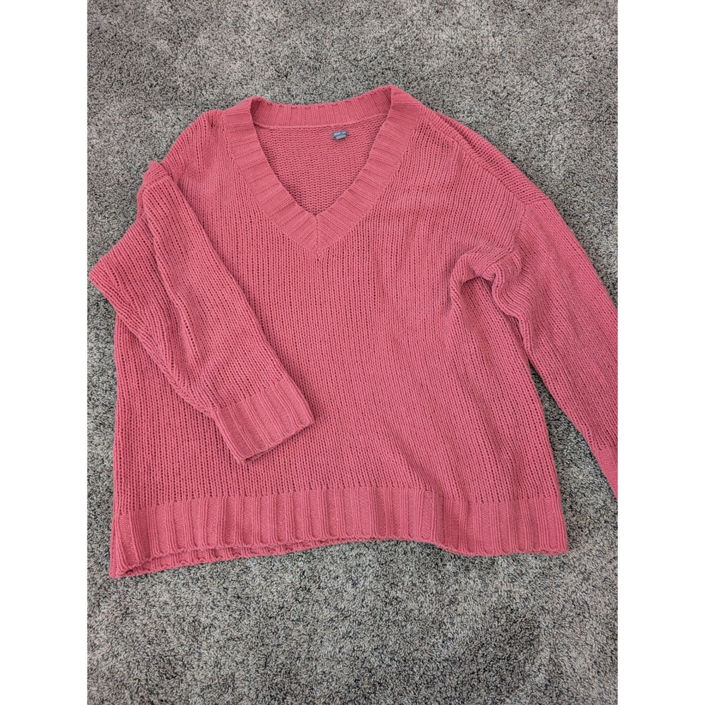 Aerie Womens Rose Pink Chenille Oversized V-Neck Shaker Stitch Sweater XS/TP